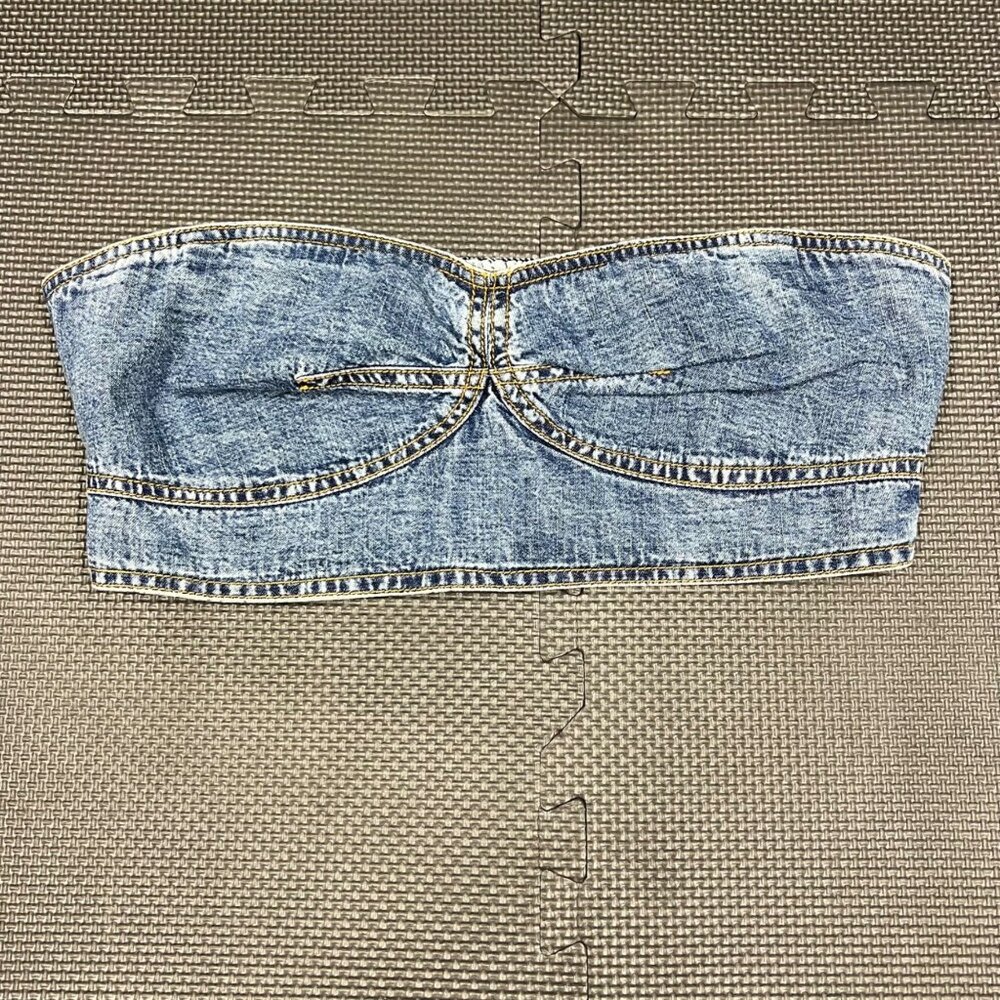 Pilcro Strapless Denim Bustier Top UK 16 US 12 EU 44 Smocked Back Blue Jean Styl